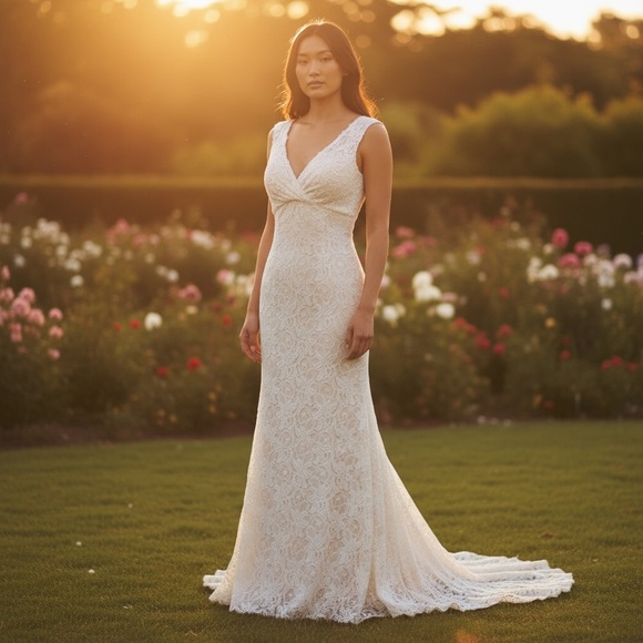 David Bridals Beautiful Lace Beaded Ivory Wedding Dress With Train Sz 4 - Picture 2 of 16